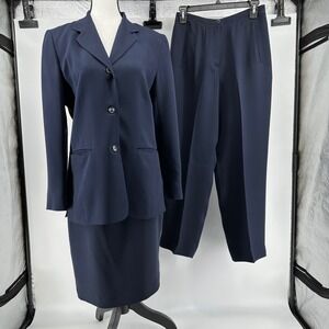 LIZ CLAIBORNE Collection Silk 3pc Blazer Pants Skirt Suit Set Size 6 Navy VTG